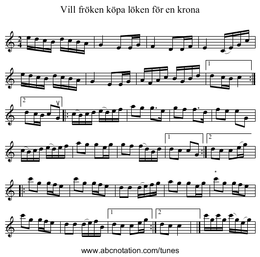 Vill fröken köpa löken för en krona - staff notation