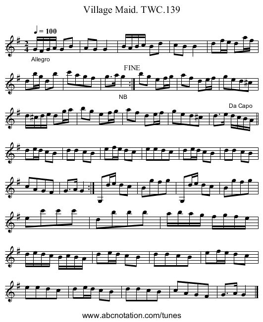 Village Maid. TWC.139 - staff notation