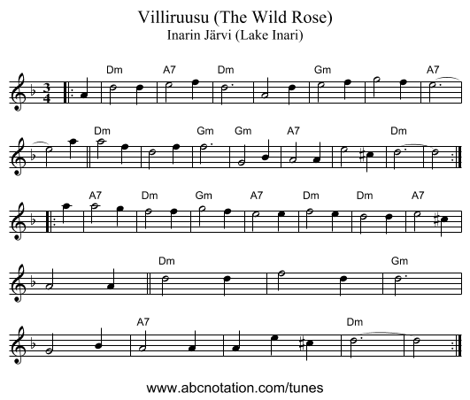 Villiruusu (The Wild Rose) - staff notation
