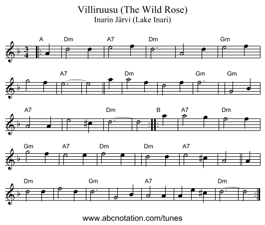 Villiruusu (The Wild Rose) - staff notation