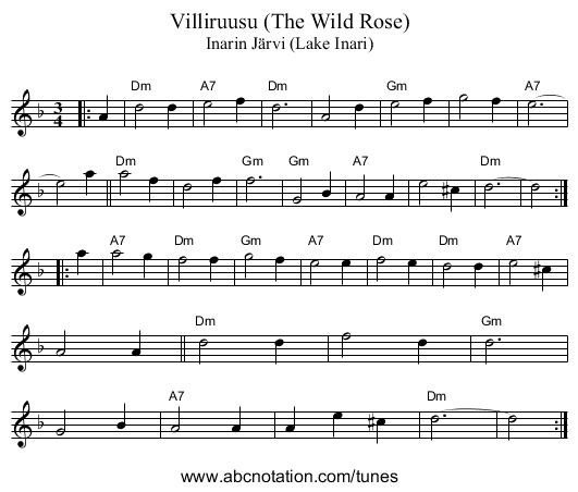 Villiruusu (The Wild Rose) - staff notation