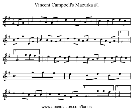 Vincent Campbell's Mazurka #1 - staff notation