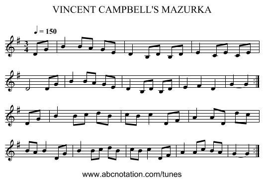 VINCENT CAMPBELL'S MAZURKA - staff notation