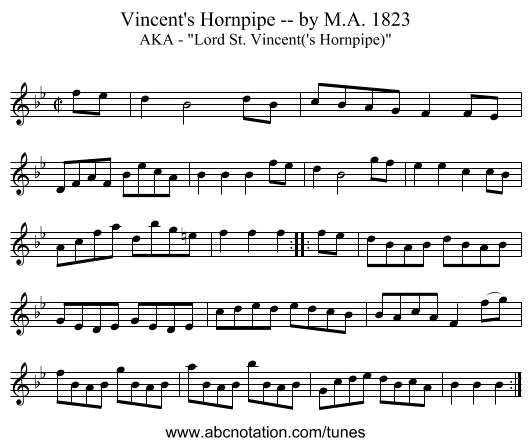 Vincent's Hornpipe -- by M.A. 1823 - staff notation