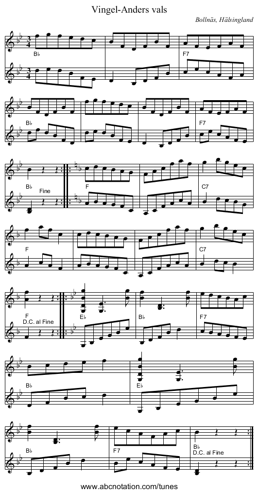 Vingel-Anders vals - staff notation
