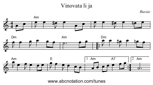 Vinovata li ja - staff notation
