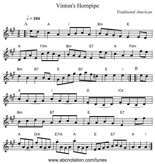 Vinton's Hornpipe - staff notation