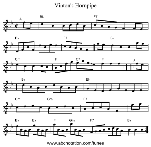 Vinton's Hornpipe - staff notation