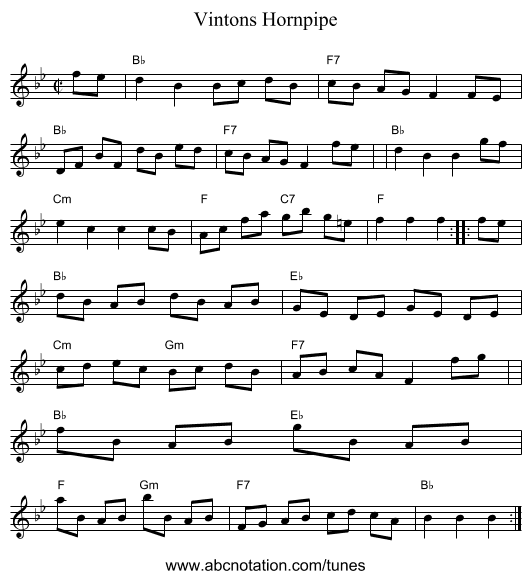 Vintons Hornpipe - staff notation