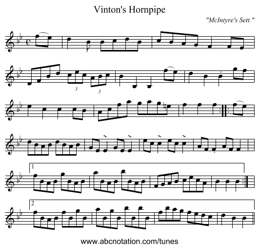 Vinton's Hornpipe - staff notation