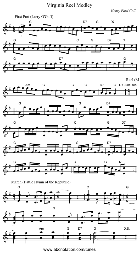 Virginia Reel Medley - staff notation