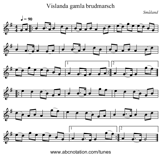 Vislanda gamla brudmarsch - staff notation