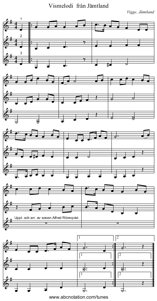 Vismelodi  från Jämtland - staff notation