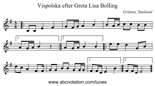 Vispolska efter Greta Lisa Bolling - staff notation