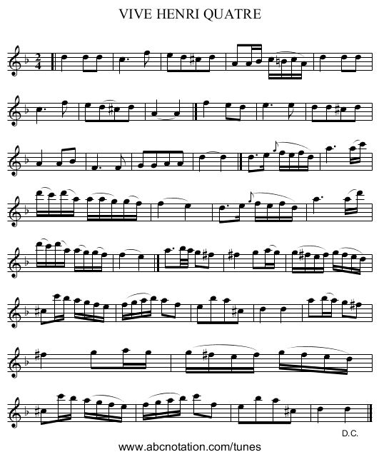 VIVE HENRI QUATRE - staff notation