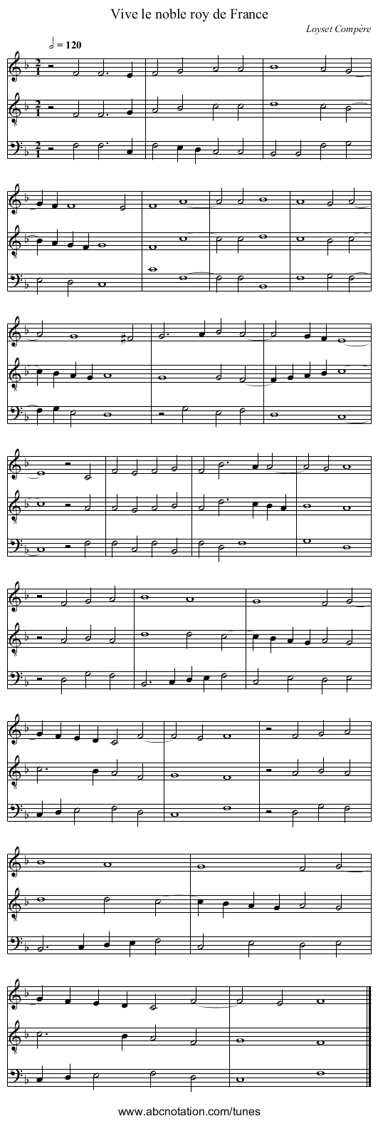 Vive le noble roy de France - staff notation