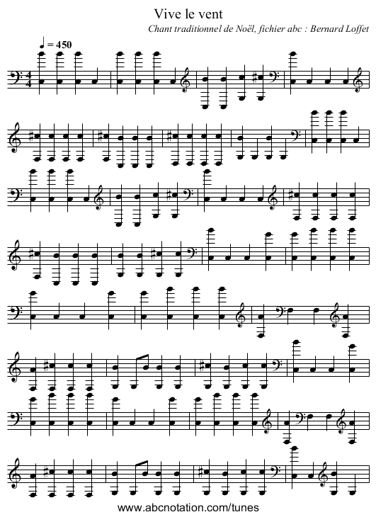 Vive le vent - staff notation
