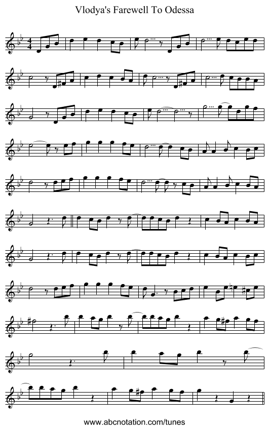 Vlodya's Farewell To Odessa - staff notation