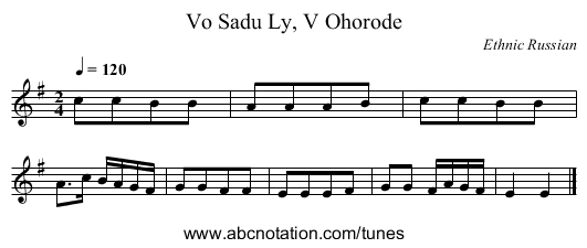 Vo Sadu Ly, V Ohorode - staff notation