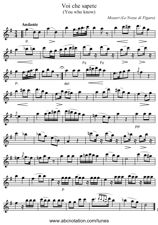 Voi che sapete - staff notation