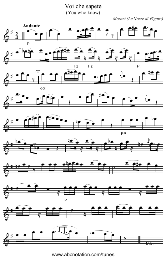 Voi che sapete - staff notation