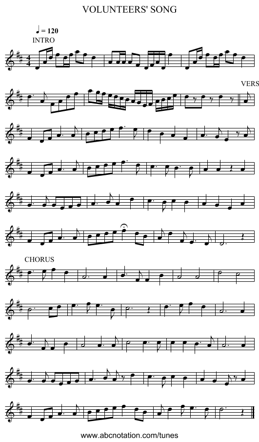 VOLUNTEERS' SONG - staff notation