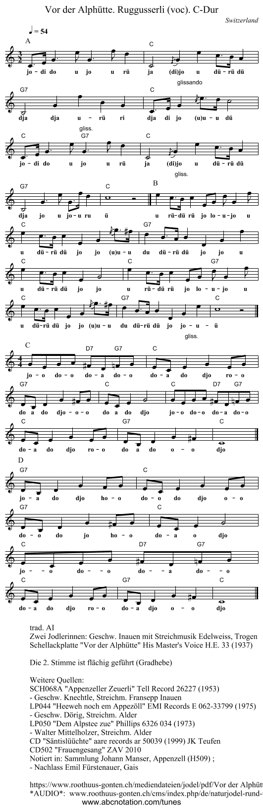 Vor der Alphütte. Ruggusserli (voc). C-Dur - staff notation