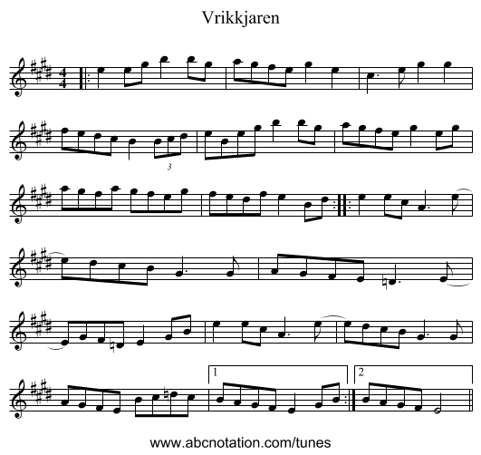 Vrikkjaren - staff notation