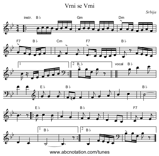 Vrni se Vrni - staff notation