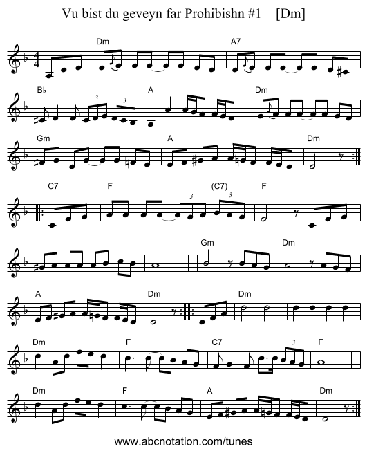 Vu bist du geveyn far Prohibishn #1    [Dm] - staff notation