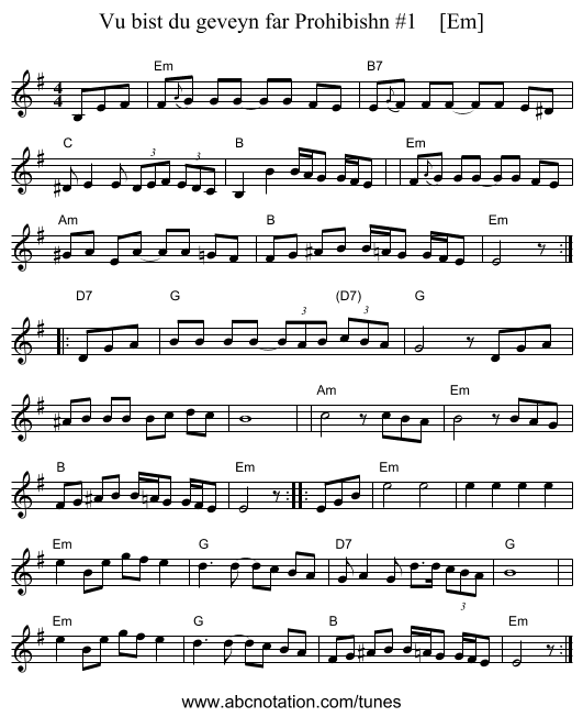 Vu bist du geveyn far Prohibishn #1    [Em] - staff notation