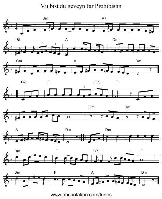 Vu bist du geveyn far Prohibishn - staff notation