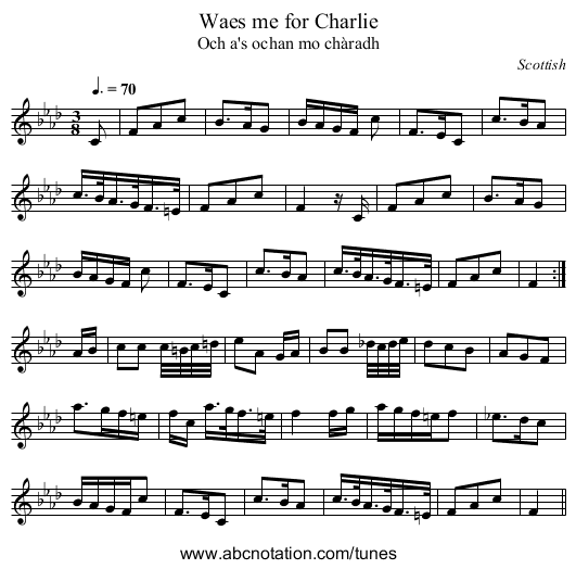 Waes me for Charlie - staff notation