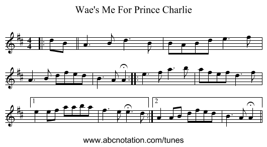 Wae's Me For Prince Charlie - staff notation
