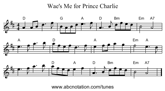 Wae's Me for Prince Charlie - staff notation