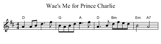 Wae's Me for Prince Charlie - staff notation