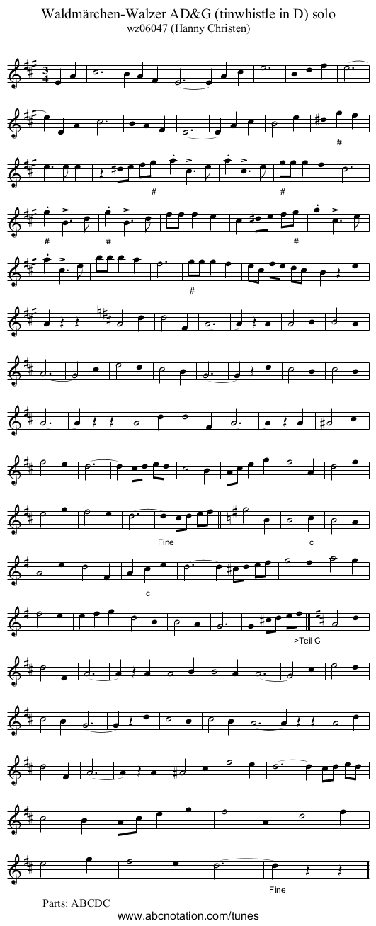 Waldm&auml;rchen-Walzer AD&G (tinwhistle in D) solo - staff notation
