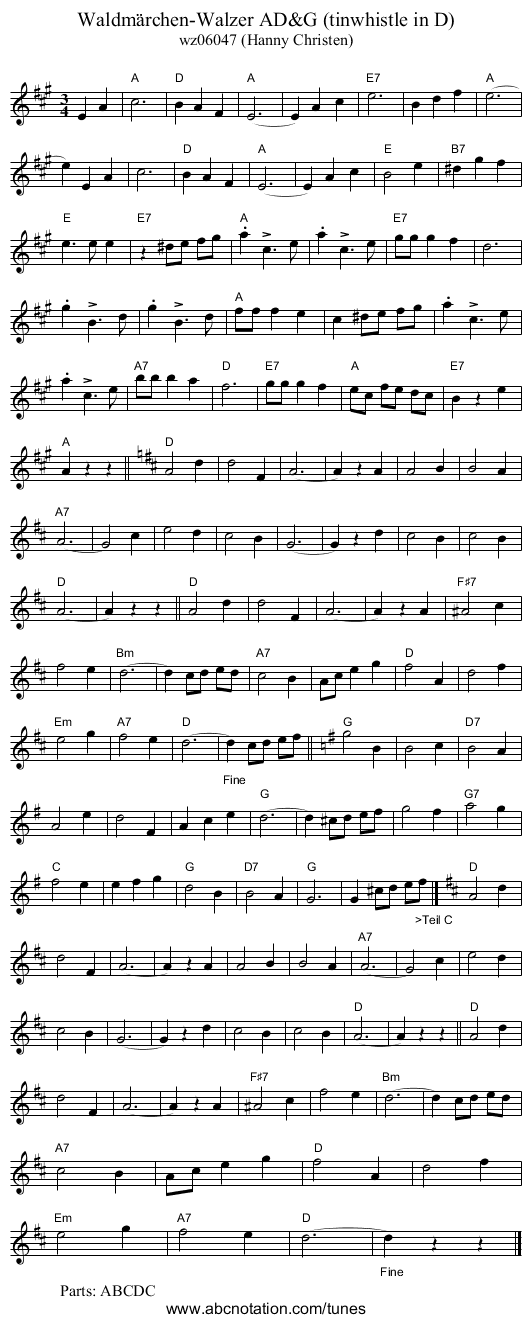 Waldm&auml;rchen-Walzer AD&G (tinwhistle in D) - staff notation
