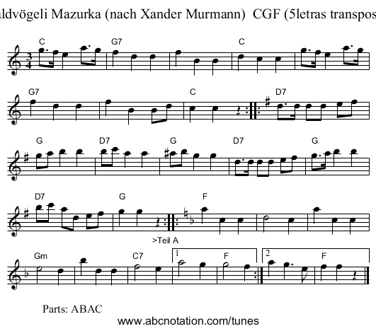 Waldv&ouml;geli Mazurka (nach Xander Murmann)  CGF (5letras transposed) - staff notation