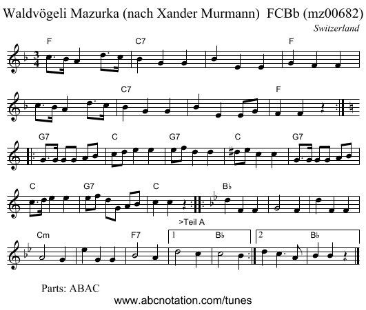 Waldvögeli Mazurka (nach Xander Murmann) FCBb (mz00682) - staff notation