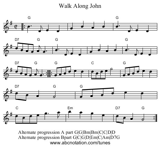 Walk Along John - staff notation