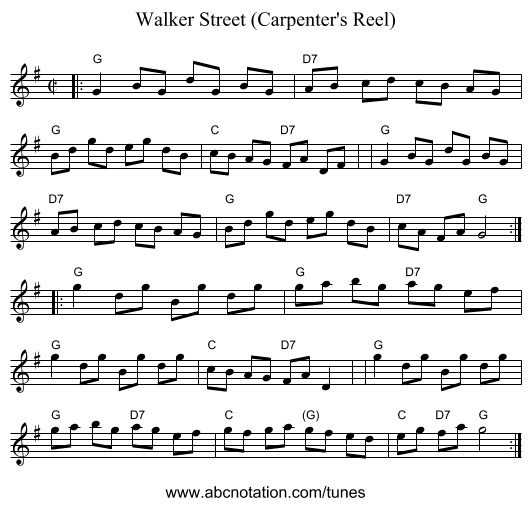 Walker Street (Carpenter's Reel) - staff notation