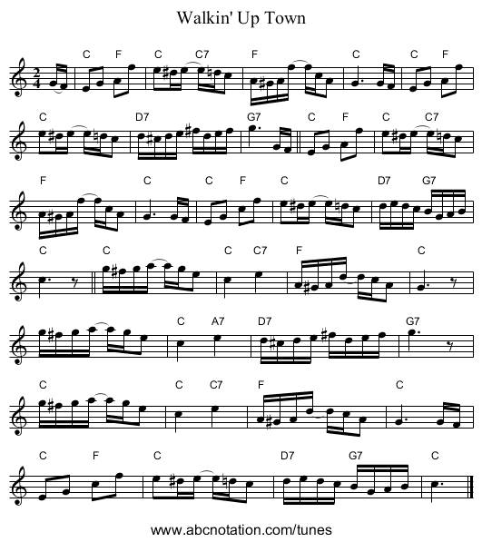 Walkin' Up Town - staff notation