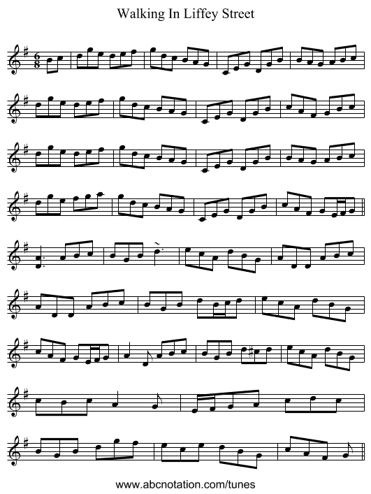 Walking In Liffey Street - staff notation