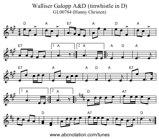 Walliser Galopp A&D (tinwhistle in D) - staff notation