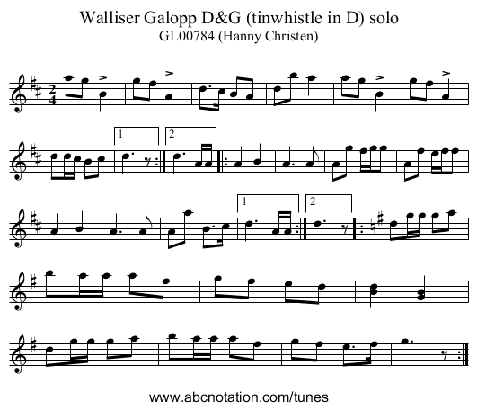 Walliser Galopp D&G (tinwhistle in D) solo - staff notation