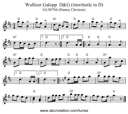 Walliser Galopp  D&G (tinwhistle in D) - staff notation