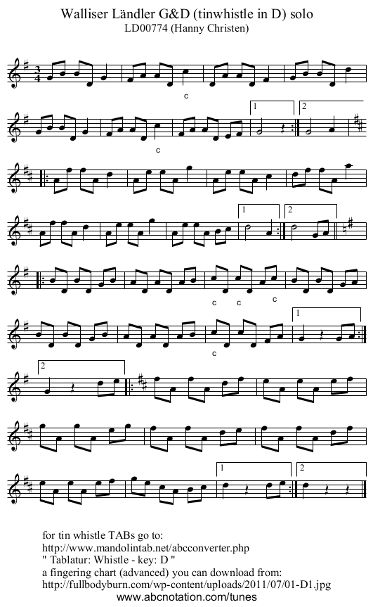 Walliser L&auml;ndler G&D (tinwhistle in D) solo - staff notation