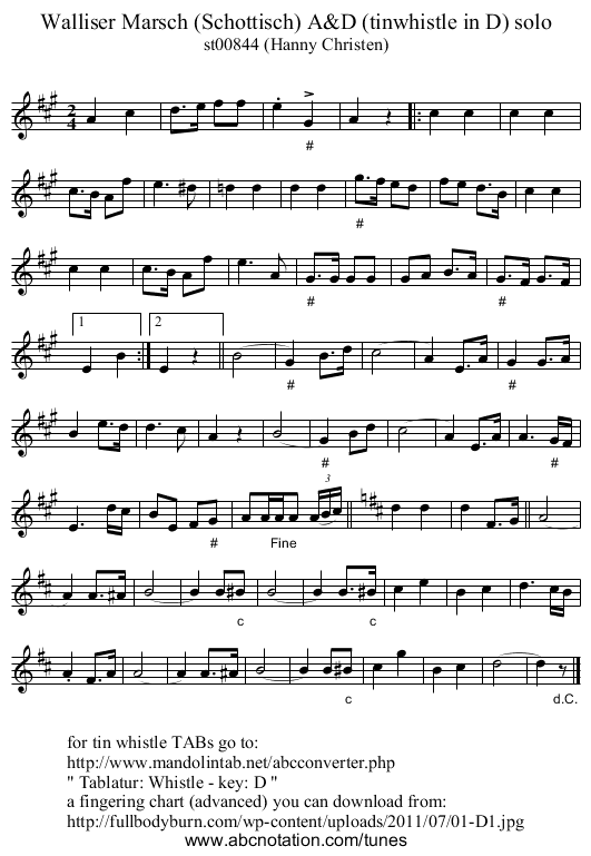 Walliser Marsch (Schottisch) A&D (tinwhistle in D) solo - staff notation