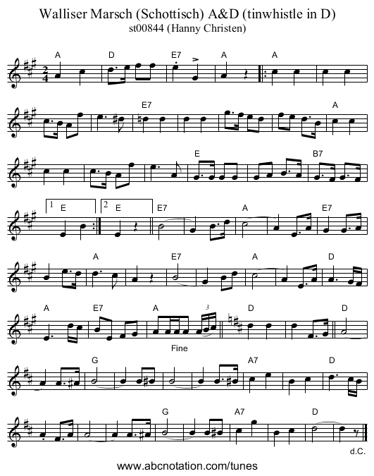 Walliser Marsch (Schottisch) A&D (tinwhistle in D) - staff notation
